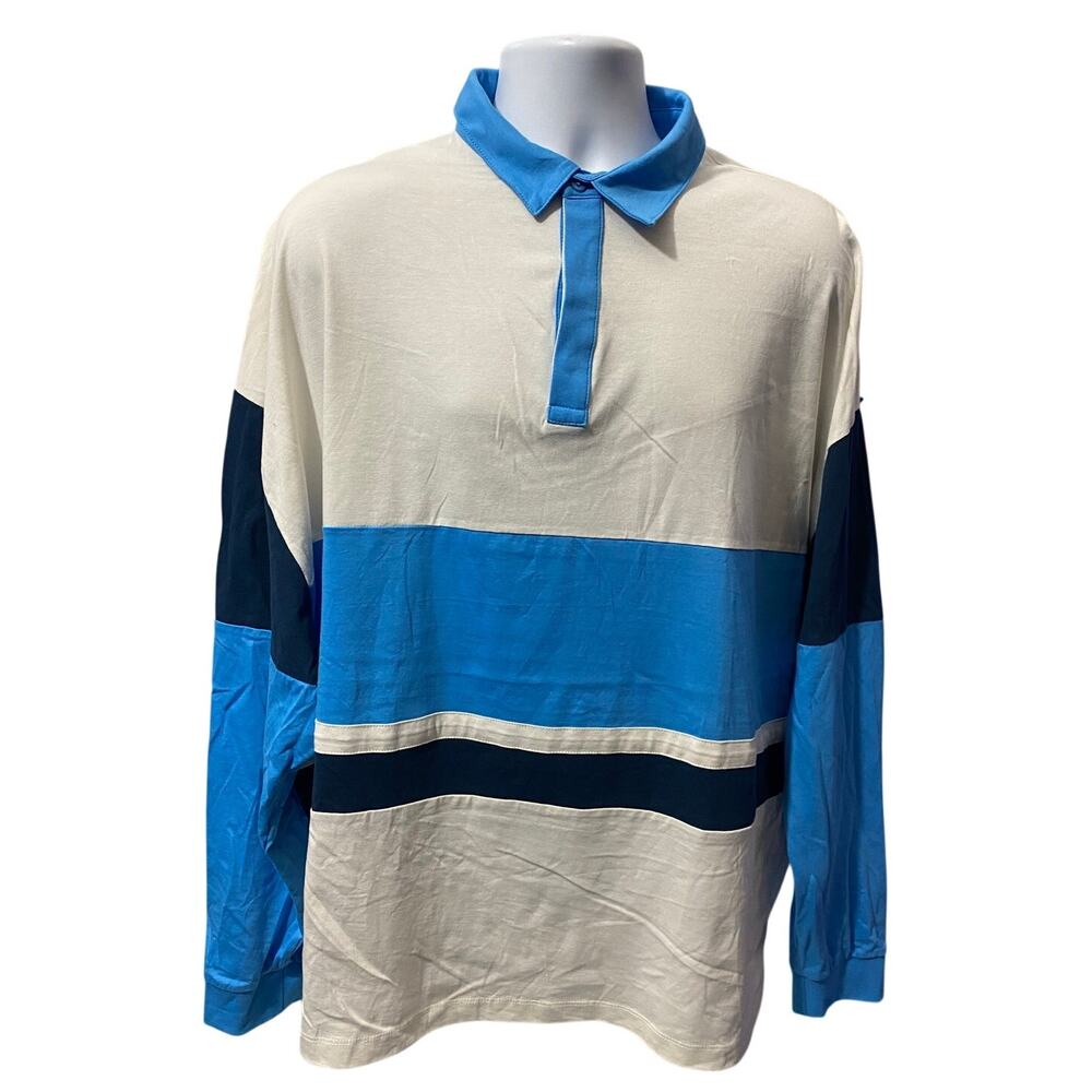 ASOS MENS Long Sleeve Polo Shirt Blue White Stripe 2XL